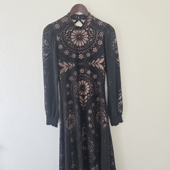 Farm Rio Anthropologie Dress XS Black Open Back Floral Midi Whimsy Goth Illusion - Picture 3 of 14